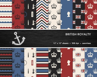 British Royalty Digital Paper Set — Vintage, London, England, UK Royalty, United Kingdom, Scrapbook, Seamless — Personal or Commercial Use