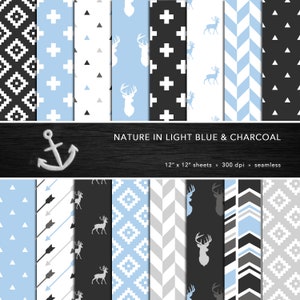 Jeu de papiers numériques Nature — bleu clair, gris, anthracite, cerf, flèches, géométrique, extérieur, scrapbooking, sans couture — usage personnel ou commercial