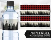 Lumberjack Water Bottle Wraps -- Forest, Trees, Wilderness, Camping, Buffalo Plaid, Red Flannel, PNW, Timber, Printable, Digital File