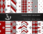 Digitale papierset School Spirit: rood en grijs, schoolkleuren, Pep Rally, Homecoming, plakboek, naadloos, persoonlijk of commercieel gebruik