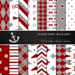 May include: A collection of seamless digital papers in red, gray, and white. Patterns include argyle, stripes, houndstooth, and cheerleading motifs. The text "GO!" and "WIN!" are visible. The papers are 12" x 12" sheets.