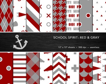 School Spirit Digital Paper Set -- Red & Gray, School Colors, Pep Rally, Homecoming, Scrapbook, Seamless -- Personal or Commercial Use