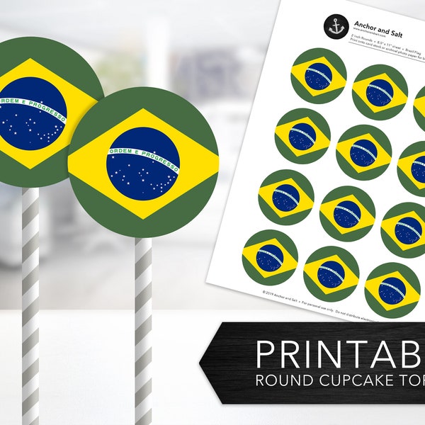 Brazil Flag Round Labels -- Brazilian, Brasil, Bandeira do Brasil, Flag of Brazil, Portuguese, Cupcake Toppers, Printable, Instant Download