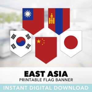 East Asian Countries Flag Banner Set — Flags of East Asia, China, Japan, Mongolia, South Korea, Taiwan, Printable, Instant Download