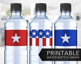 American Flag Water Bottle Wraps -- USA, Patriotic, Stars and Stripes, Red White & Blue, Fourth of July, Labels, Printable, Instant Download