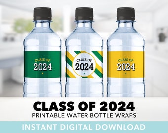 Class of 2024 Water Bottle Wraps — Green & Gold, Yellow, Water Bottle Labels, High School, Graduation Party, Printable, Instant Download