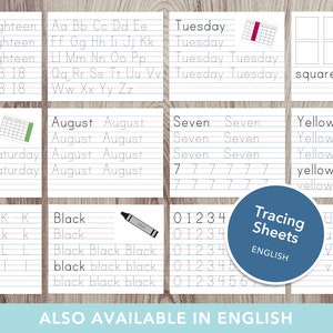 Puede incluir: Hojas de trazado para que los ni&ntilde;os practiquen la escritura de letras, n&uacute;meros y palabras. Las hojas incluyen el alfabeto, los n&uacute;meros del 0 al 7, los d&iacute;as de la semana, los colores y las formas. Las hojas est&aacute;n impresas en papel blanco con l&iacute;neas azules.