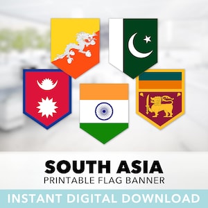 South Asian Countries Flag Banner Set — Flags of South Asia, India, Nepal, Pakistan, Afghanistan, Bangladesh, Printable, Instant Download