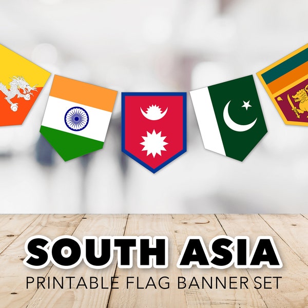 South Asian Countries Flag Banner Set -- Flags of South Asia, India, Nepal, Pakistan, Afghanistan, Bangladesh, Printable, Instant Download