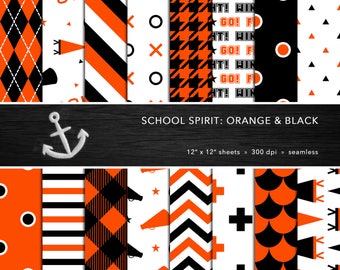 School Spirit Digital Paper Set -- Orange & Black, School Colors, Pep Rally, Homecoming, Scrapbook, Seamless -- Personal or Commercial Use