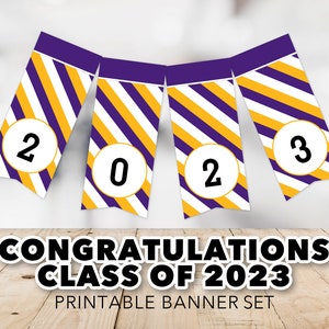 Class of 2023 Banner Striped, Purple & Gold, Yellow, Graduation Banner, High School, College, Grad Night, Printable, Instant Download image 1