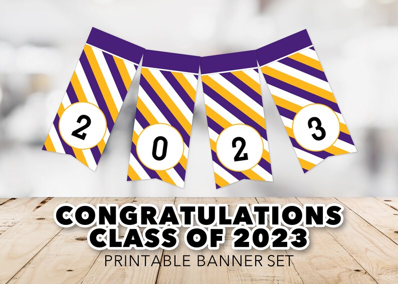 Class of 2023 Banner Striped, Purple & Gold, Yellow, Graduation Banner, High School, College, Grad Night, Printable, Instant Download image 1