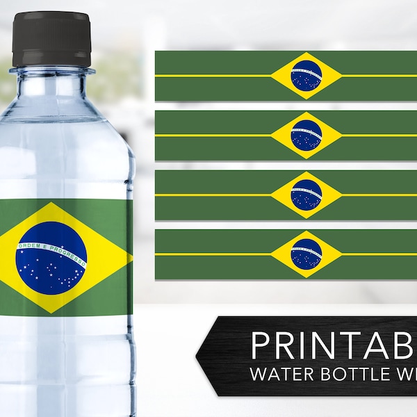 Brazil Flag Water Bottle Wraps -- Brazilian Flag, Flag of Brazil, Bandeira do Brasil, Green & Gold, Labels, Printable, Instant Download
