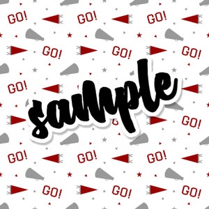 May include: White background with a pattern of red and gray megaphones, red stars, and the word "GO!" in red. The word "sample" is written in black script with a white border.
