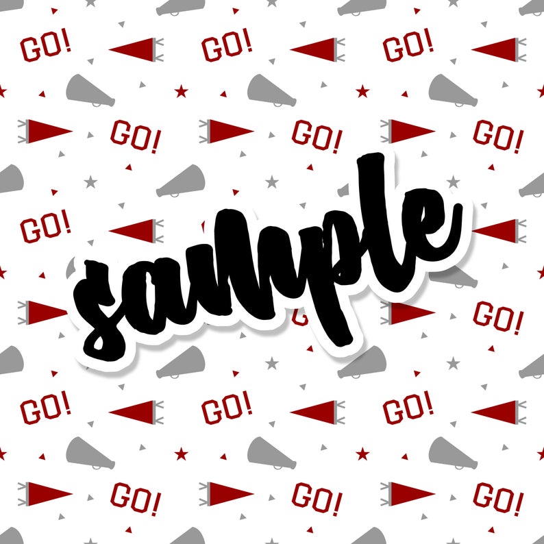 May include: White background with a pattern of red and gray megaphones, red stars, and the word "GO!" in red. The word "sample" is written in black script with a white border.