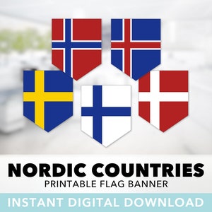 Set di banner bandiera dei paesi nordici: bandiere della Scandinavia, Norvegia, Finlandia, Svezia, Danimarca, Islanda, Vichingo, stampabile, download istantaneo