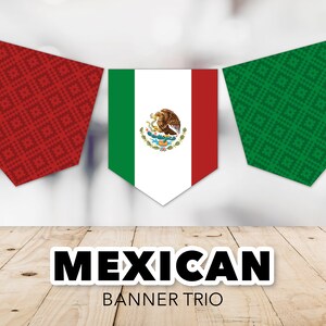 Mexican Flag Banner Trio Flag of Mexico, Cinco de Mayo, Dia de los Muertos, Red & Green, Viva México, Aztec, Printable, Instant Download image 1