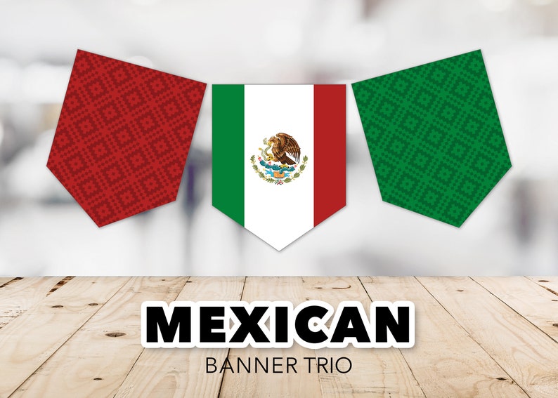 Mexican Flag Banner Trio Flag of Mexico, Cinco de Mayo, Dia de los Muertos, Red & Green, Viva México, Aztec, Printable, Instant Download image 1