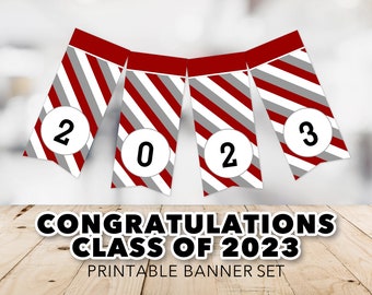 Class of 2023 Banner -- Striped, Red & Gray, Scarlet, Graduation Banner, High School, College, Graduation Party, Printable, Instant Download