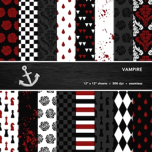 Vampire Digital Paper Set — Gothic, Black & Red, Damask, Roses, Chess, Blood, Punk, Emo, Scrapbook, Seamless — Personal or Commercial Use