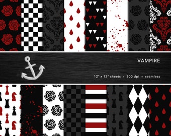 Vampire Digital Paper Set — Gothic, Black & Red, Damask, Roses, Chess, Blood, Punk, Emo, Scrapbook, Seamless — Personal or Commercial Use