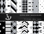 School Spirit Digital Paper Set -- Black & Silver, School Colors, Pep Rally, Homecoming, Scrapbook, Seamless -- Personal or Commercial Use
