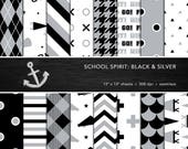 School Spirit Digital Paper Set -- Black & Silver, School Colors, Pep Rally, Homecoming, Scrapbook, Seamless -- Persoonlijk of commercieel gebruik