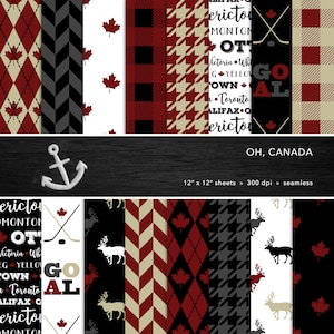 May include: A set of 10 digital paper designs featuring Canadian themes. The designs include red and black plaid, black and white houndstooth, red and white chevron, black and white diamond patterns, and a hockey-themed design with the words "GO AL" and crossed hockey sticks. The designs are 12 inches by 12 inches and 300 dpi.