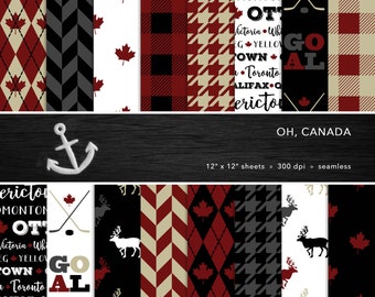 Canada Digital Paper Set — Maple Leaf, Hockey, Reindeer, Buffalo Plaid, Houndstooth, Scrapbook, Seamless — Personal or Commercial Use