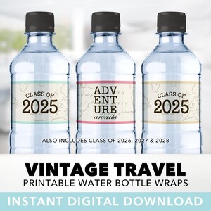 Clase de envolturas de botellas de agua 2025: viajes vintage, la aventura espera, mapa mundial, etiquetas de botellas, 2026, 2027, 2028, imprimible, descarga instantánea