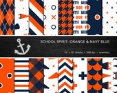 School Spirit Digital Paper Set -- Orange & Navy Blue, School Colors, Pep Rally, Homecoming, Seamless -- Personal or Commercial Use