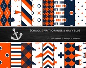 School Spirit digitale papierset — oranje en marineblauw, schoolkleuren, Pep Rally, Homecoming, naadloos — persoonlijk of commercieel gebruik
