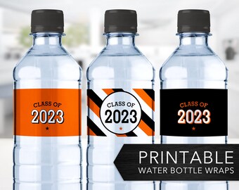 Class of 2023 Water Bottle Wraps -- Orange & Black, Bottle Labels, High School, Grad Night, Graduation Party, Printable, Instant Download