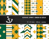 School Spirit Digital Paper Set -- Green & Gold, School Colors, Pep Rally, Homecoming, Scrapbook, Seamless -- Personal or Commercial Use