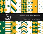 Digitale papierset School Spirit: groen en goud, schoolkleuren, Pep Rally, Homecoming, plakboek, naadloos, persoonlijk of commercieel gebruik