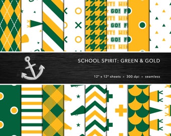 School Spirit Digital Paper Set -- Green & Gold, School Colors, Pep Rally, Homecoming, Scrapbook, Seamless -- Personal or Commercial Use