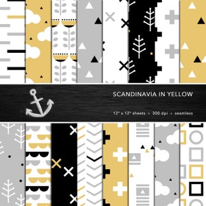 Set di carta digitale Scandinavia, gialla e grigia, geometria scandinava, geometrica, moderna, per album di ritagli, senza cuciture, per uso personale o commerciale