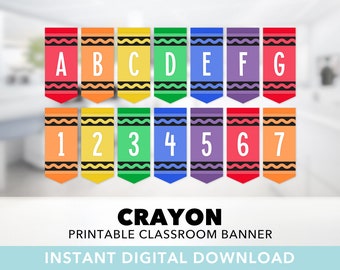 May include: Printable classroom banner with a crayon theme. The banner features a rainbow of colors with letters A through G and numbers 1 through 7.