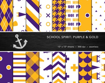 School Spirit Digital Paper Set -- Purple & Gold, Yellow, School Colors, Pep Rally, Homecoming, Seamless -- Personal or Commercial Use