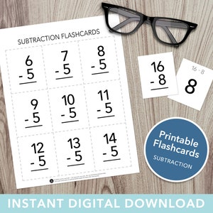 May include: Printable subtraction flashcards with a set of equations featuring numbers 5, 6, 7, 8, 9, 10, 11, 12, 13, and 14. The flashcards are designed for children learning basic math skills.
