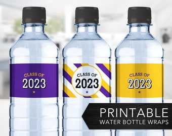 Class of 2023 Water Bottle Wraps -- Purple & Gold, Yellow, Water Bottle Labels, High School, Graduation Party, Printable, Instant Download