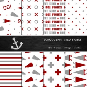 May include: A collection of red and gray patterned digital papers. Designs include cheerleading motifs, crosses, triangles, stripes, and tic-tac-toe patterns. The text "GO! FIGHT! WIN!" is featured. The title "SCHOOL SPIRIT: RED & GRAY" is also present.