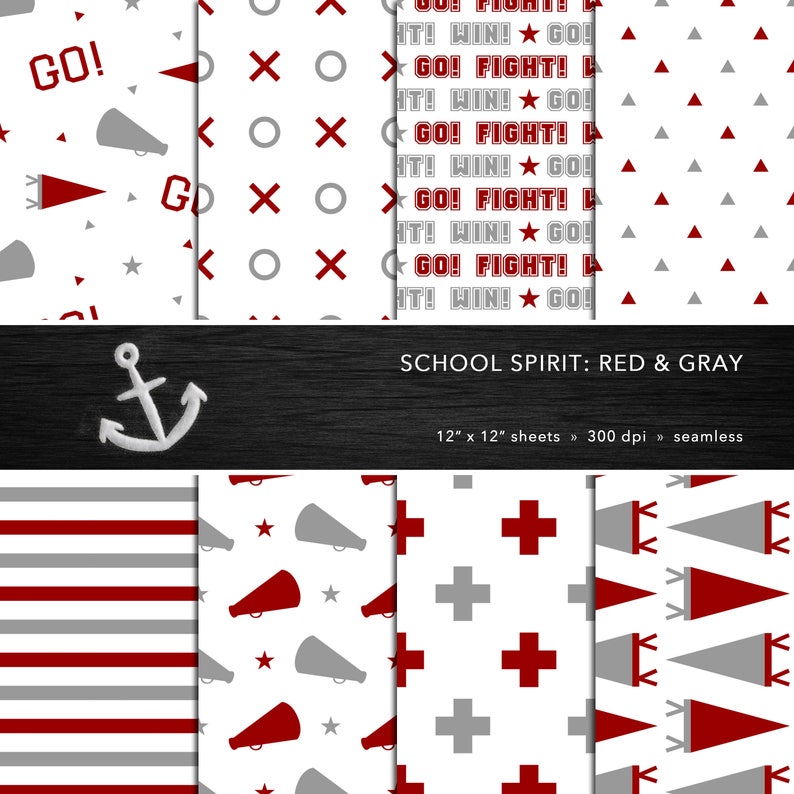May include: A collection of red and gray patterned digital papers. Designs include cheerleading motifs, crosses, triangles, stripes, and tic-tac-toe patterns. The text "GO! FIGHT! WIN!" is featured. The title "SCHOOL SPIRIT: RED & GRAY" is also present.