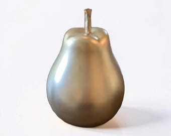 Gold Ceramic Pear Sculpture: Upcycled Hand-Painted Mid-Century Modern Accent