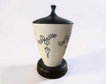 Dennis Ford Mid Century Art Pottery Urn Vase: Black White Hand Painted Ceramic Container