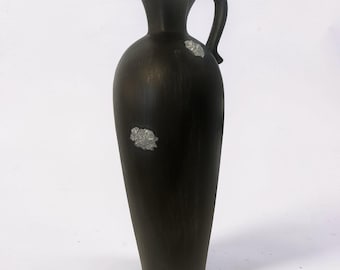 15" Tall Black Ceramic Vase, Hand-Painted Abstract Flowers, Modern Art Decor