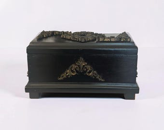 Hand-Painted Black Wood Keepsake Box – Carved Gold Scroll Detailing, Velvet Lined (10.5" x 5.5")