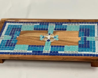 Handmade Wood Mosaic Tile Serving Tray | Blue Coastal Mediterranean Beach Decor Ottoman Coffee Table