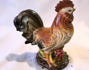 Vintage Italian Majolica Ceramic Crackle Glazed Rooster Figurine Collectible Pottery Decor