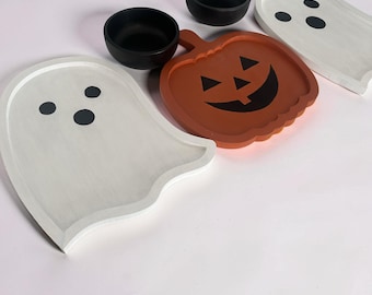 5 Piece Hand Painted Wooden Serving Set - Spooky Halloween Trays & Bowls for Entertaining